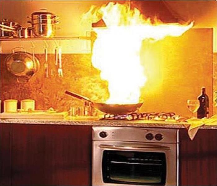 Photo of Stove with Pan on fire on top of it. 